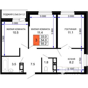 3-к квартира, вторичка, 55м2, 11/16 этаж