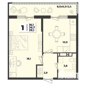1-к квартира, строящийся дом, 39м2, 8/9 этаж