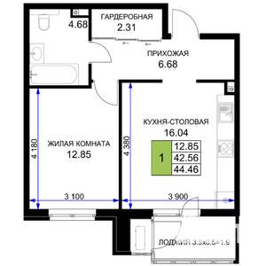 1-к квартира, вторичка, 46м2, 2/16 этаж