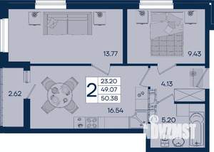 2-к квартира, вторичка, 50м2, 7/18 этаж