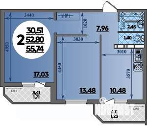 2-к квартира, строящийся дом, 56м2, 1/16 этаж