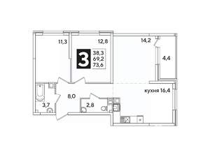 3-к квартира, вторичка, 74м2, 5/16 этаж