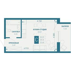 Студия квартира, вторичка, 34м2, 5/9 этаж