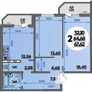 2-к квартира, строящийся дом, 68м2, 3/16 этаж