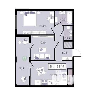 2-к квартира, вторичка, 58м2, 6/8 этаж