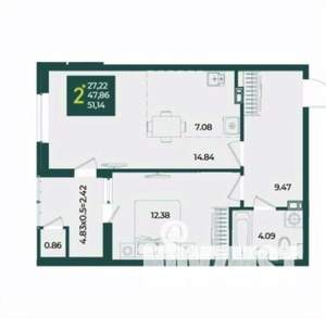 2-к квартира, вторичка, 51м2, 13/18 этаж