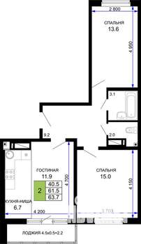 2-к квартира, строящийся дом, 64м2, 17/24 этаж