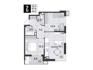 2-к квартира, вторичка, 63м2, 9/9 этаж