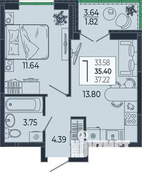 1-к квартира, вторичка, 35м2, 17/21 этаж