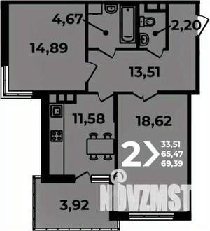 2-к квартира, вторичка, 69м2, 12/19 этаж
