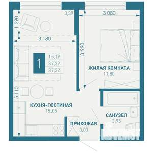 1-к квартира, строящийся дом, 37м2, 18/18 этаж