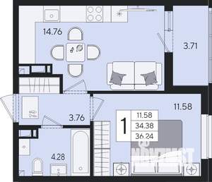 1-к квартира, вторичка, 36м2, 6/8 этаж