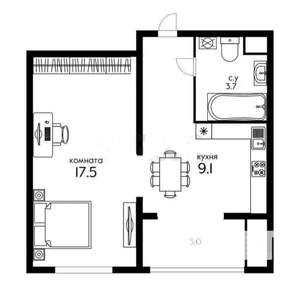 1-к квартира, вторичка, 43м2, 9/19 этаж