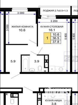 1-к квартира, вторичка, 38м2, 3/16 этаж