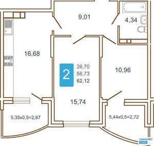 2-к квартира, вторичка, 62м2, 5/16 этаж