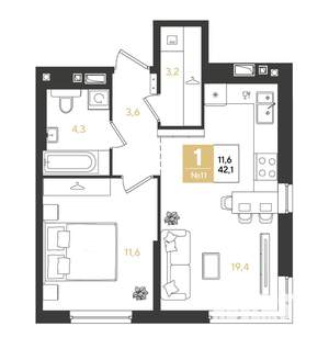 1-к квартира, строящийся дом, 42м2, 3/18 этаж