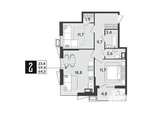 2-к квартира, вторичка, 64м2, 11/18 этаж