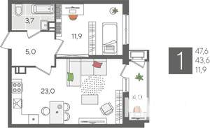 1-к квартира, строящийся дом, 48м2, 7/24 этаж