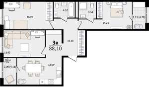 3-к квартира, вторичка, 88м2, 12/16 этаж
