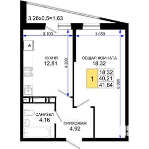1-к квартира, вторичка, 42м2, 17/19 этаж