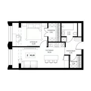 2-к квартира, строящийся дом, 45м2, 3/19 этаж
