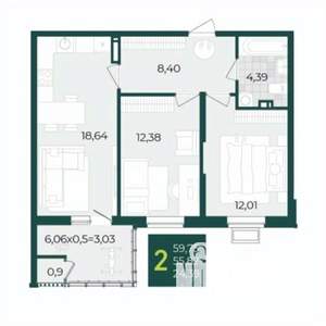 2-к квартира, вторичка, 60м2, 19/22 этаж