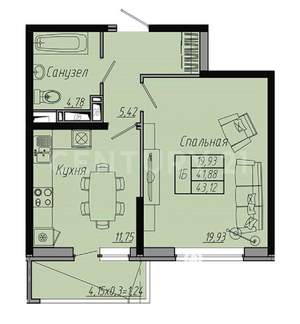 1-к квартира, вторичка, 44м2, 7/20 этаж