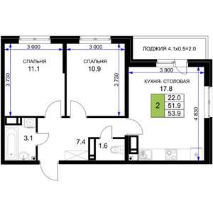 2-к квартира, строящийся дом, 54м2, 14/16 этаж