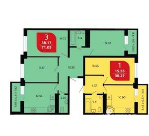 3-к квартира, вторичка, 68м2, 6/16 этаж