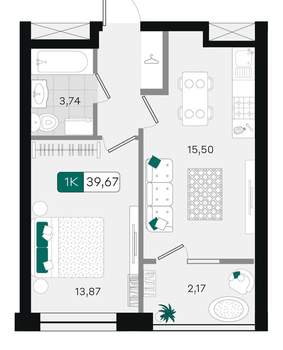 1-к квартира, вторичка, 42м2, 5/18 этаж