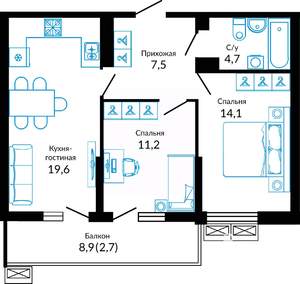 2-к квартира, вторичка, 61м2, 16/23 этаж