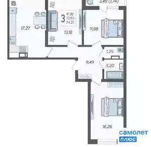 2-к квартира, вторичка, 74м2, 3/12 этаж