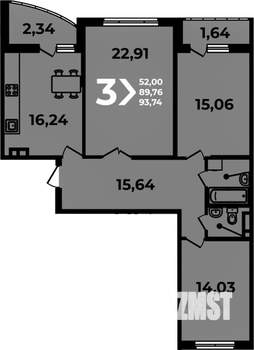 3-к квартира, вторичка, 94м2, 15/19 этаж