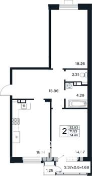 2-к квартира, вторичка, 74м2, 5/12 этаж