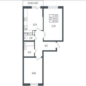 2-к квартира, вторичка, 60м2, 2/17 этаж