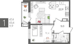 1-к квартира, вторичка, 47м2, 12/24 этаж