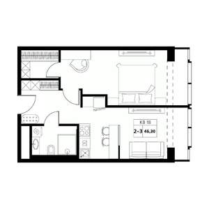2-к квартира, строящийся дом, 46м2, 15/19 этаж
