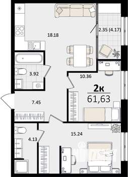 2-к квартира, строящийся дом, 59м2, 15/16 этаж