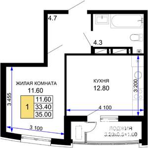 1-к квартира, строящийся дом, 35м2, 6/18 этаж