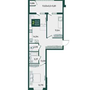 2-к квартира, вторичка, 63м2, 2/18 этаж