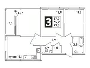 3-к квартира, вторичка, 74м2, 2/16 этаж