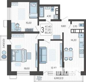 3-к квартира, строящийся дом, 81м2, 1/12 этаж