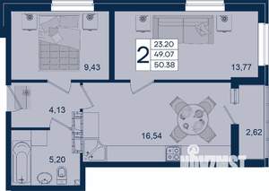 2-к квартира, вторичка, 50м2, 17/18 этаж