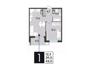 1-к квартира, вторичка, 43м2, 11/18 этаж