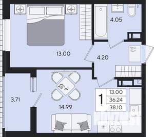 1-к квартира, вторичка, 38м2, 6/8 этаж