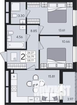 2-к квартира, вторичка, 59м2, 2/8 этаж