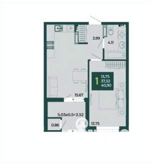 1-к квартира, вторичка, 41м2, 17/18 этаж