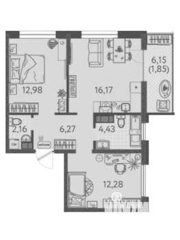 2-к квартира, вторичка, 56м2, 6/9 этаж