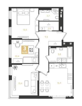3-к квартира, строящийся дом, 76м2, 2/9 этаж