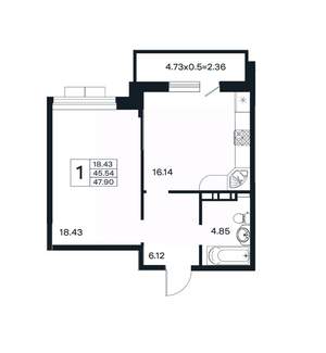 1-к квартира, вторичка, 48м2, 10/12 этаж